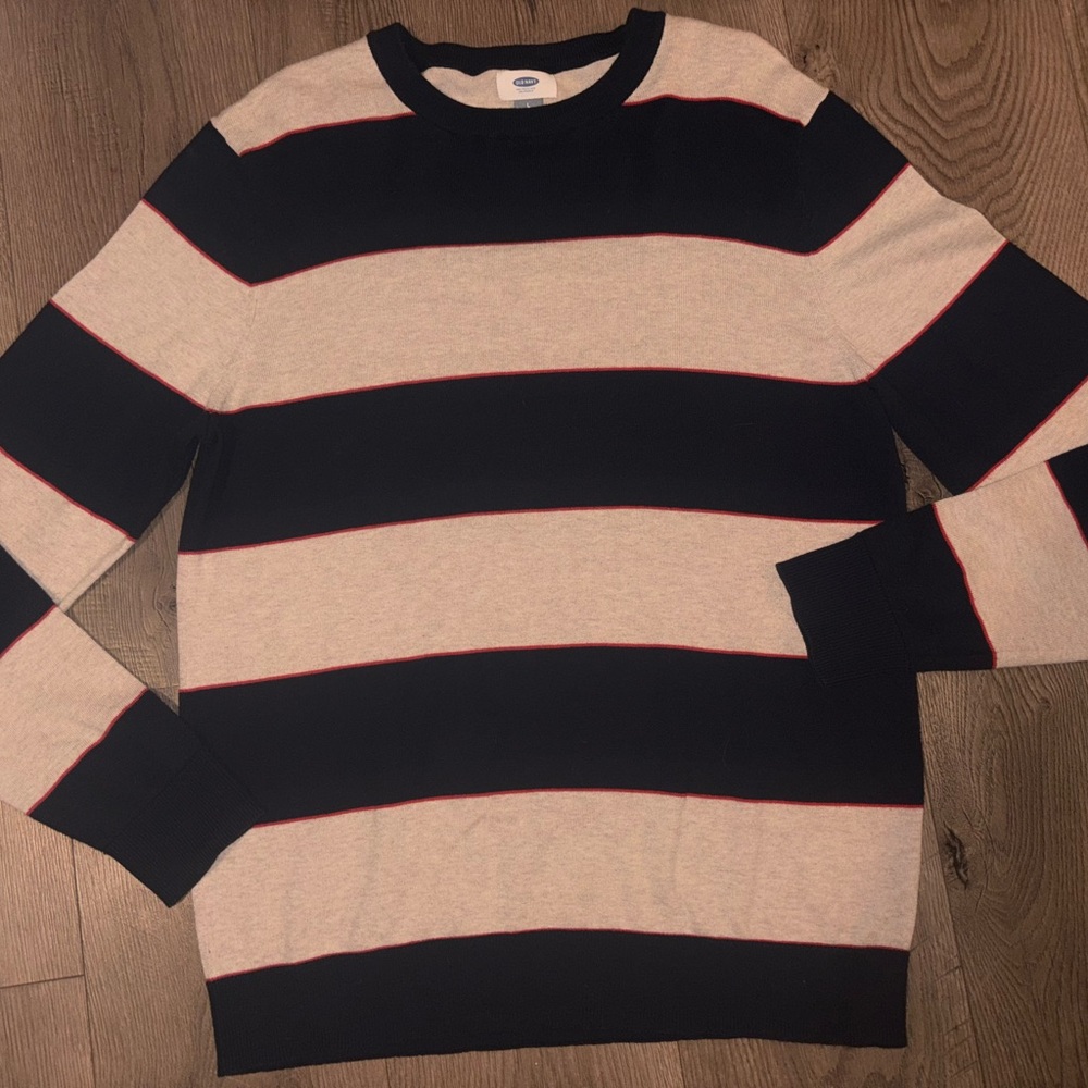 Old Navy Navy Blue & Beige Striped Sweater with Red Trim Size Large